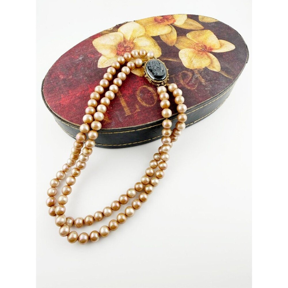 VTG MCM Double Strand Iridescent Pink Pearl Necklace - Black Glass Cameo Clasp